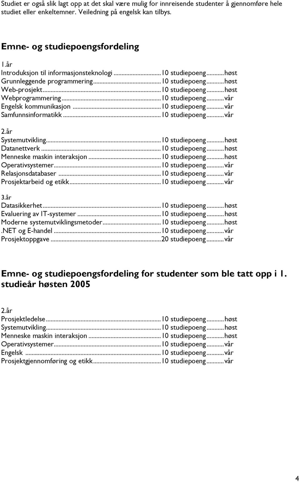 ..10 studiepoeng...vår Samfunnsinformatikk...10 studiepoeng...vår 2.år Systemutvikling...10 studiepoeng...høst Datanettverk...10 studiepoeng...høst Menneske maskin interaksjon...10 studiepoeng...høst Operativsystemer.