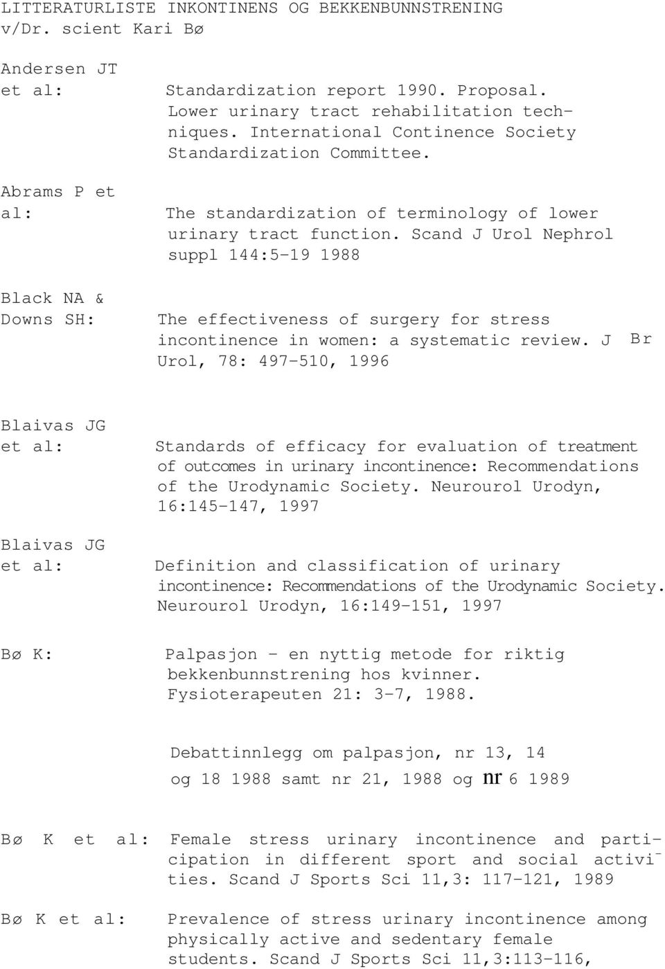 Scand J Urol Nephrol suppl 144:5-19 1988 The effectiveness of surgery for stress incontinence in women: a systematic review.