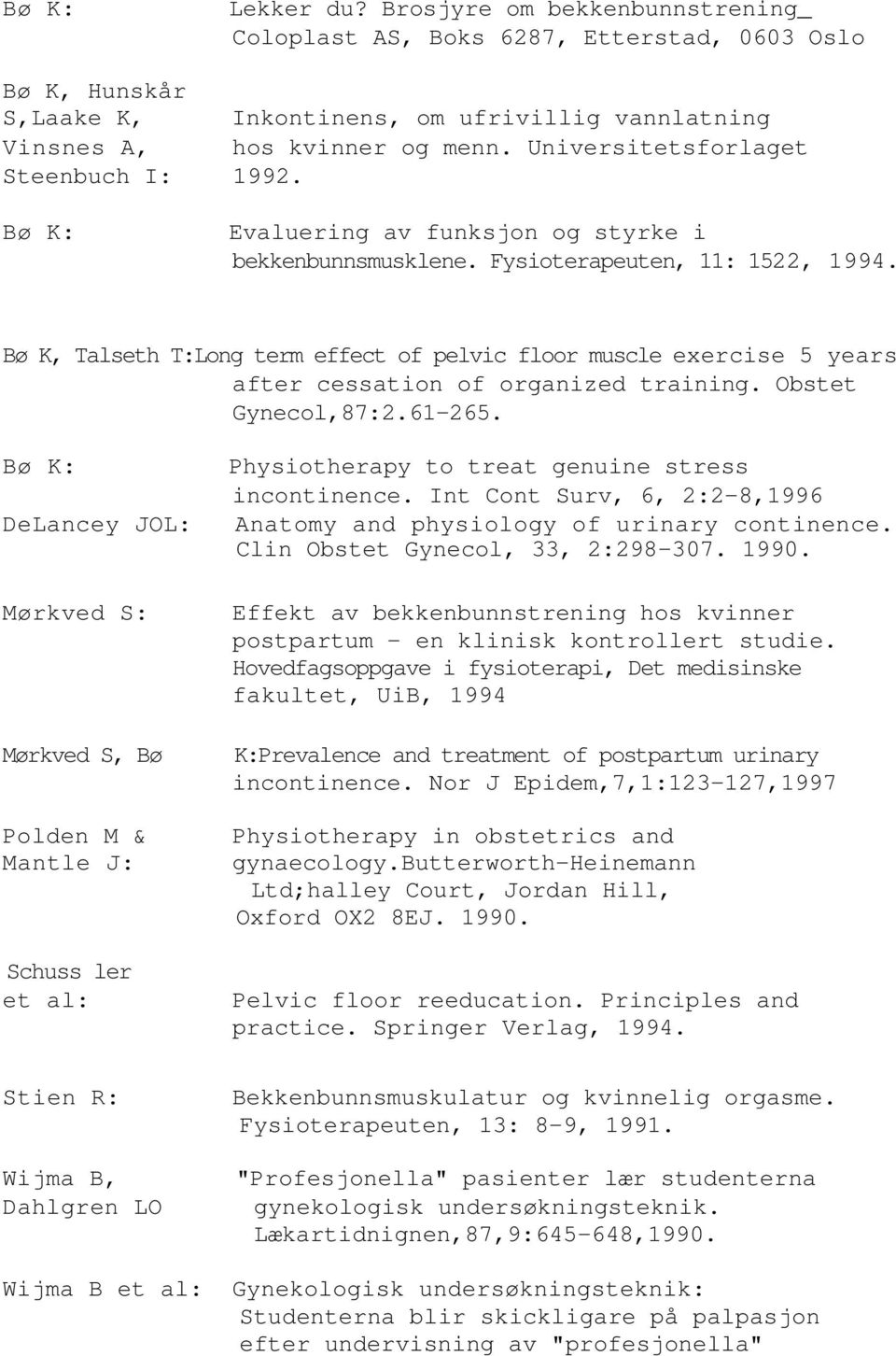 Bø K, Talseth T:Long term effect of pelvic floor muscle exercise 5 years after cessation of organized training. Obstet Gynecol,87:2.61-265.