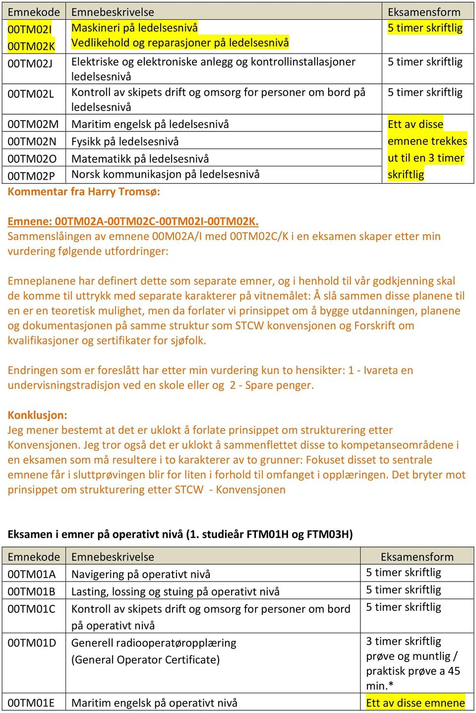 disse 00TM02N Fysikk på ledelsesnivå emnene trekkes 00TM02O Matematikk på ledelsesnivå ut til en 3 timer 00TM02P Norsk kommunikasjon på ledelsesnivå skriftlig Kommentar fra Harry Tromsø: Emnene: