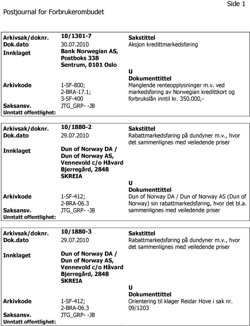 2010 Rabattmarkedsføring på dundyner m.v., hvor det sammenlignes med veiledende priser nnklaget Dun of Norway DA / Dun of Norway AS, Vennevold c/o Håvard Bjerregård, 2848 SKREA 1-SF-412; 2-BRA-06.