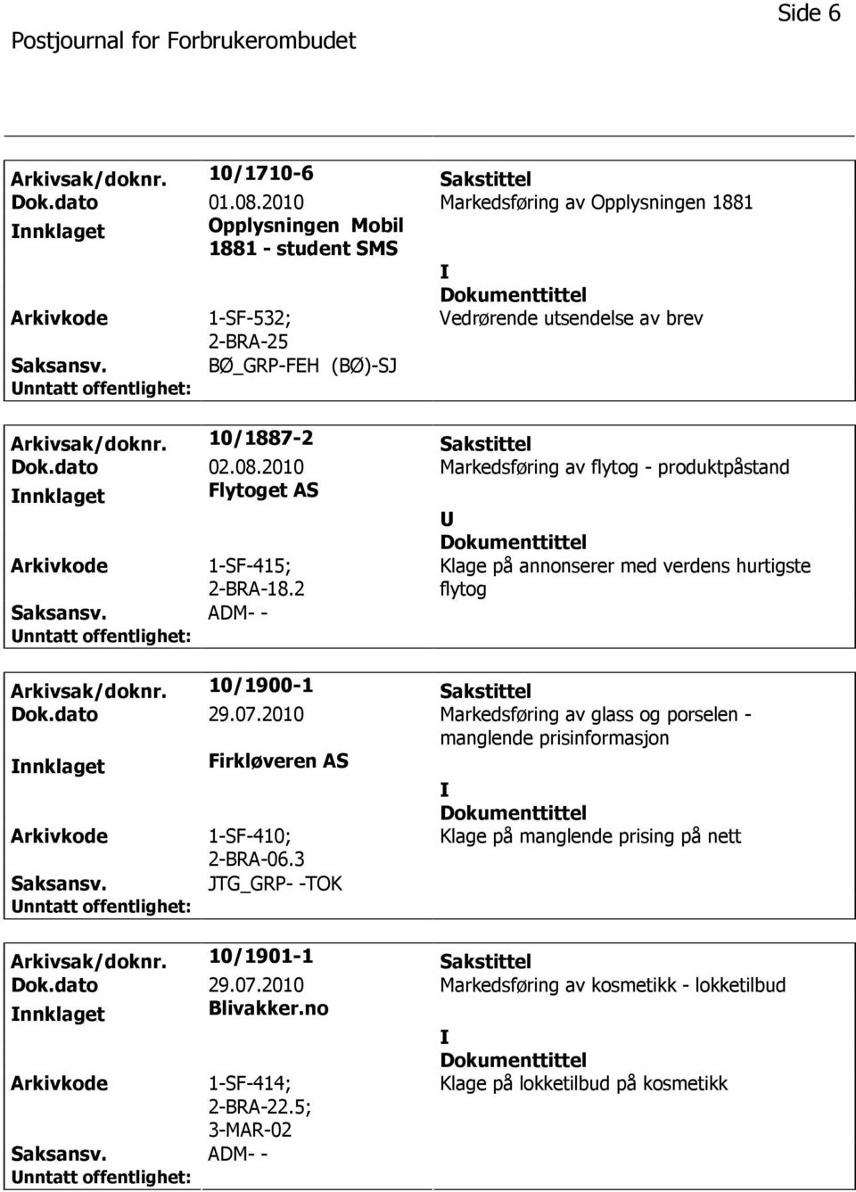 dato 02.08.2010 Markedsføring av flytog - produktpåstand nnklaget Flytoget AS 1-SF-415; 2-BRA-18.2 Klage på annonserer med verdens hurtigste flytog ADM- - Arkivsak/doknr. 10/1900-1 Sakstittel Dok.