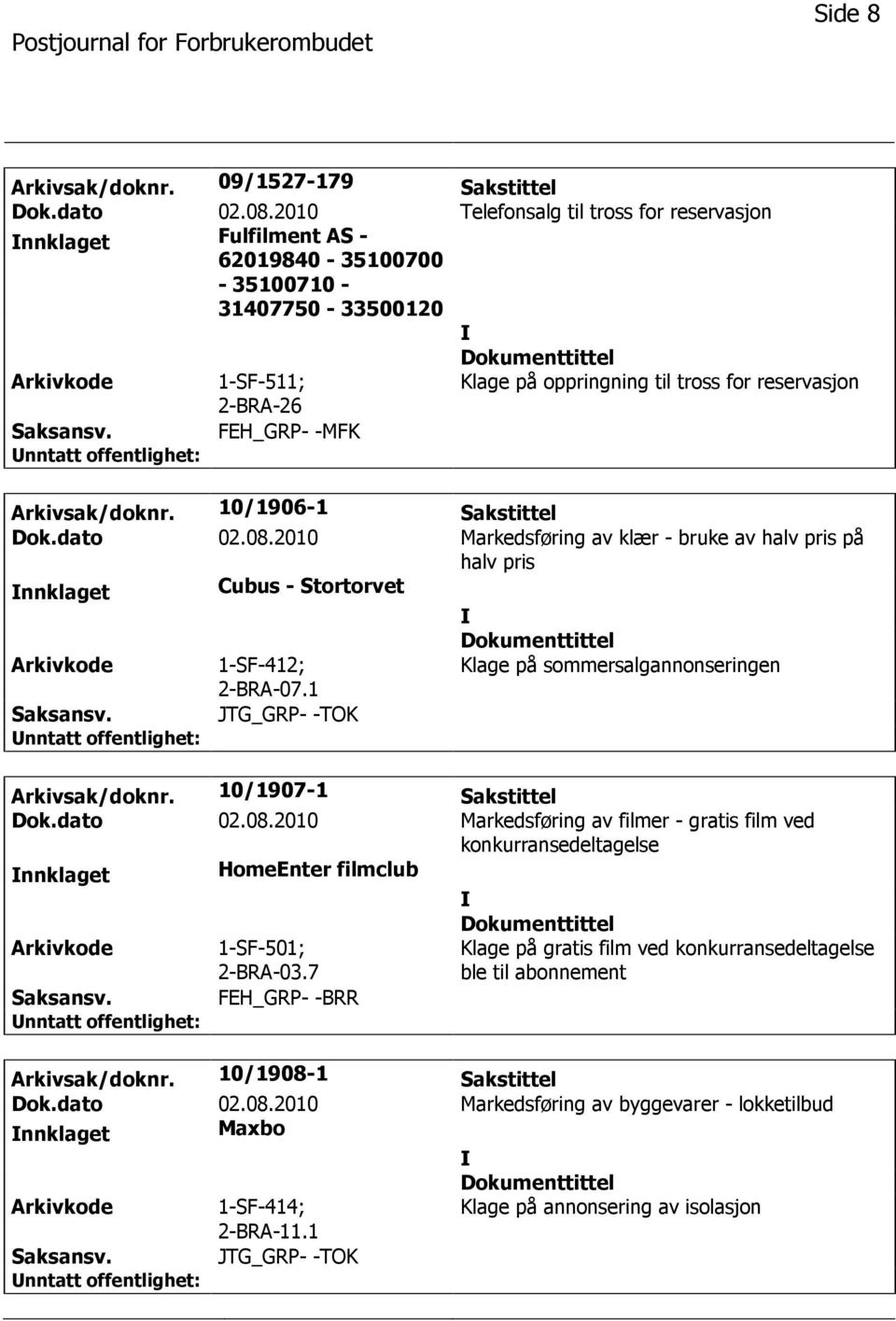 Arkivsak/doknr. 10/1906-1 Sakstittel Dok.dato 02.08.2010 Markedsføring av klær - bruke av halv pris på halv pris nnklaget Cubus - Stortorvet 1-SF-412; 2-BRA-07.