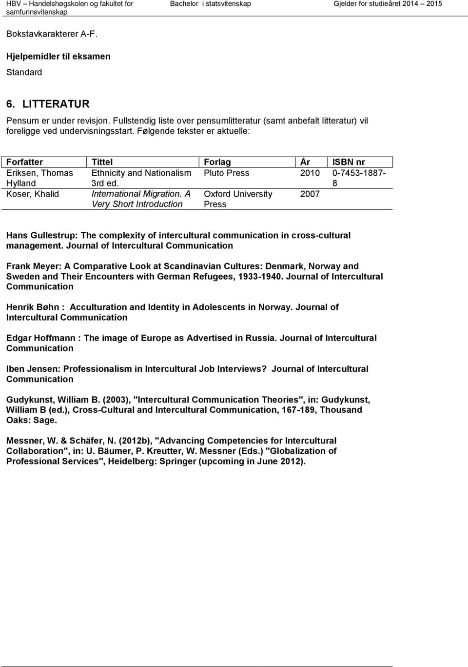 Følgende tekster er aktuelle: Forfatter Tittel Forlag År ISBN nr Eriksen, Thomas Hylland Ethnicity and Nationalism 3rd ed. Pluto Press 2010 0-7453-1887-8 Koser, Khalid International Migration.
