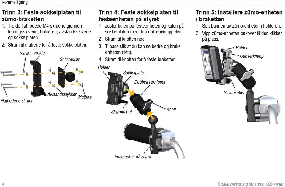 Juster kulen på festeenheten og kulen på sokkelplaten med den doble rørnippelen. 2. Stram til knotten noe. 3. Tilpass slik at du kan se bedre og bruke enheten riktig. 4.