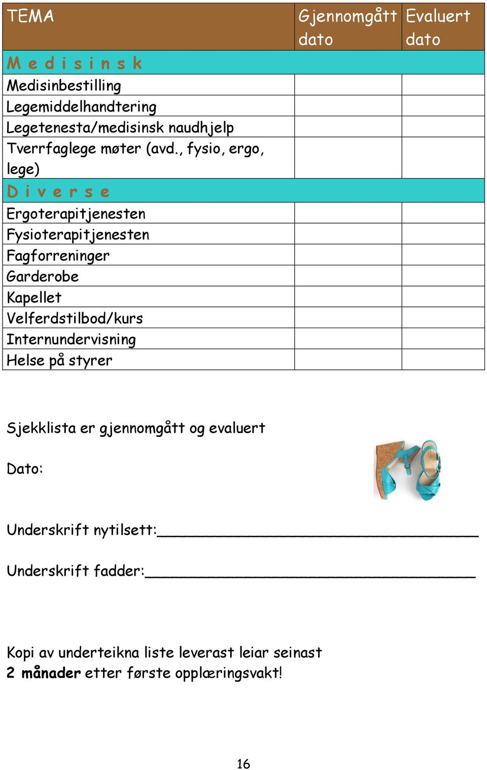 Velferdstilbod/kurs Internundervisning Helse på styrer Gjennomgått dato Evaluert dato Sjekklista er gjennomgått og