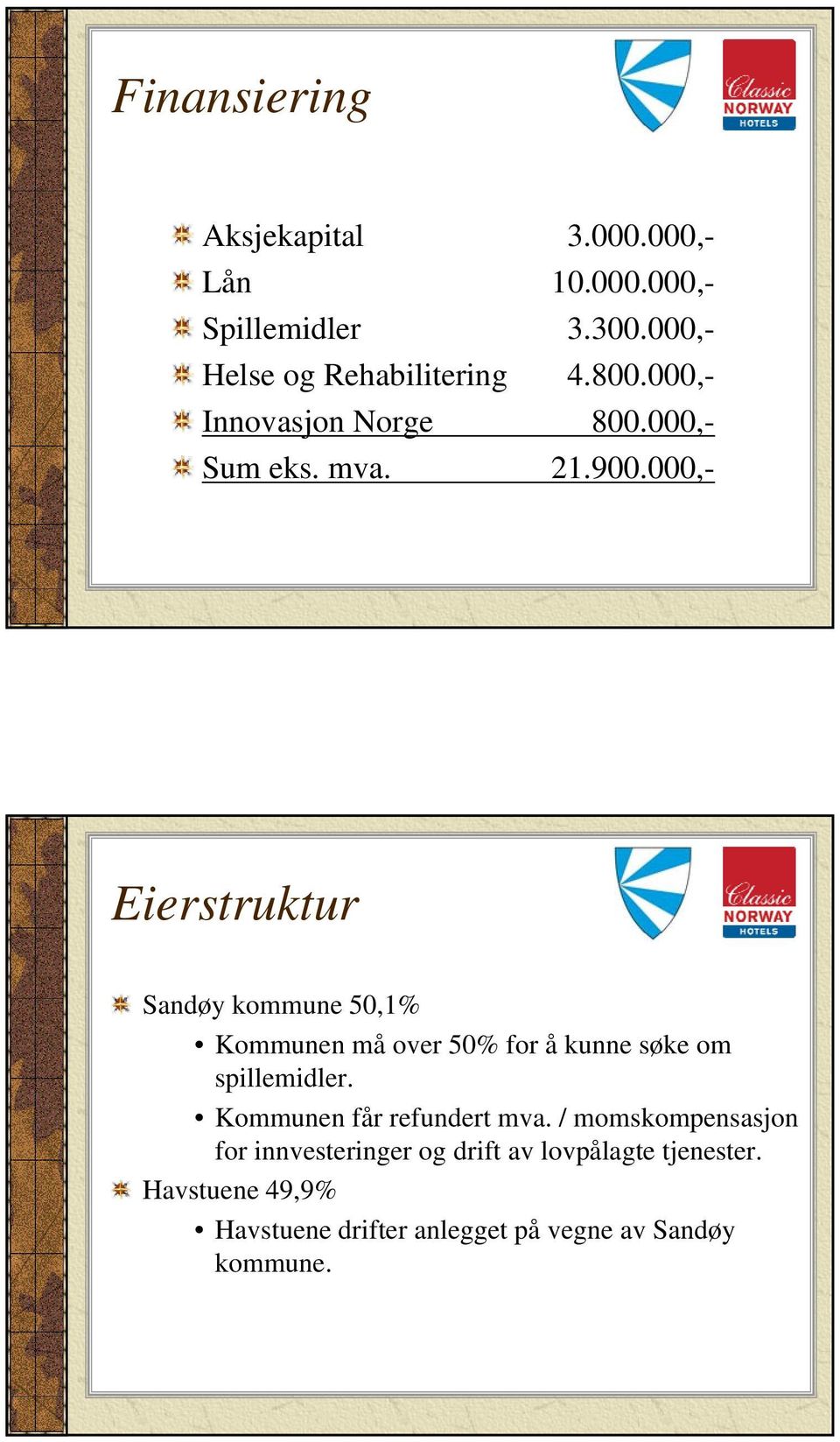 000,- Eierstruktur Sandøy kommune 50,1% Kommunen må over 50% for å kunne søke om spillemidler.