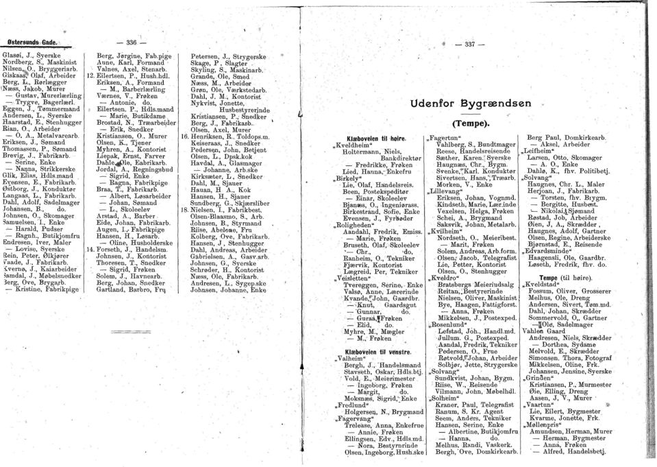 Serine, Enke Nanna, Strikkerske Glik, Elias, Hdls.mand Evensen, E., Fabrikarb. Østborg, J., Konduktør Langaas, L., Fabrikarb. Dahl, Adolf, Sadelmager Johansen, B., do. Johnsen, O.