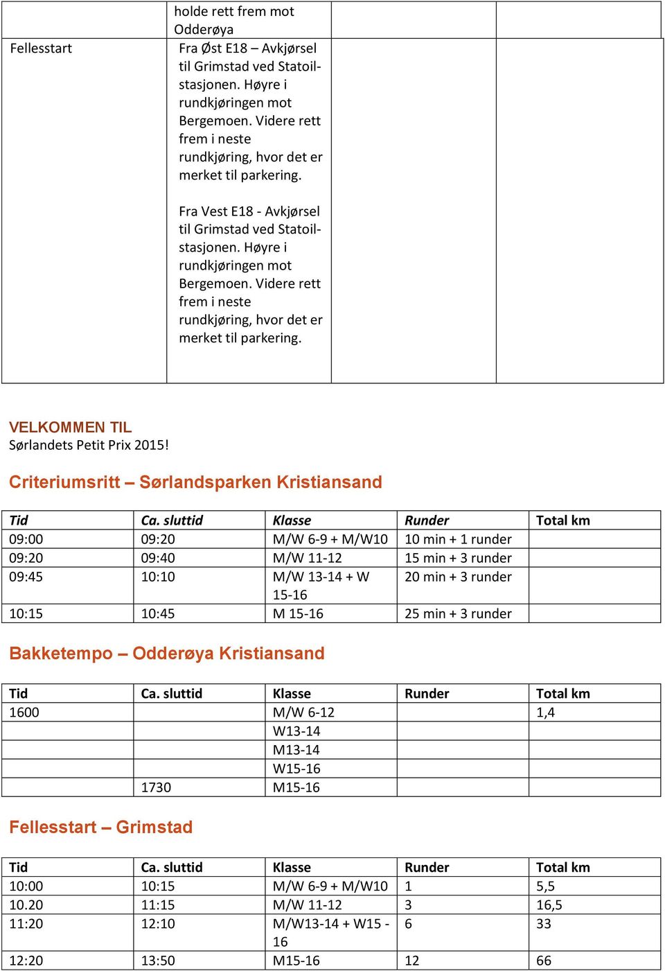 Videre rett frem i neste rundkjøring, hvor det er merket til parkering. VELKOMMEN TIL Sørlandets Petit Prix 2015!