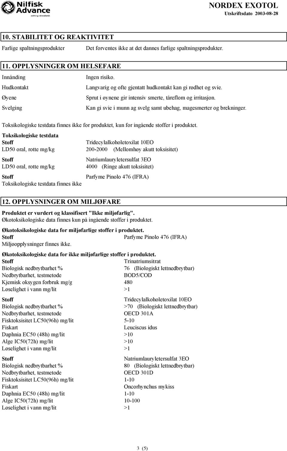 Toksikologiske testdata finnes ikke for produktet, kun for ingående stoffer i produktet.