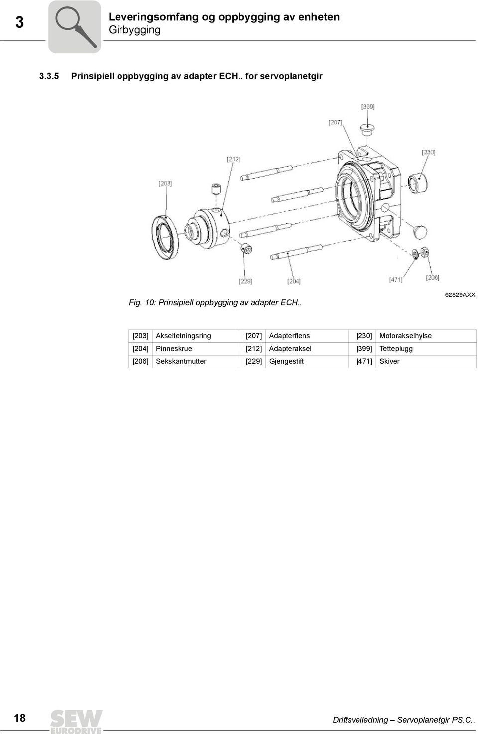 . 62829AXX [203] Akseltetningsring [207] Adapterflens [230] Motorakselhylse [204] Pinneskrue