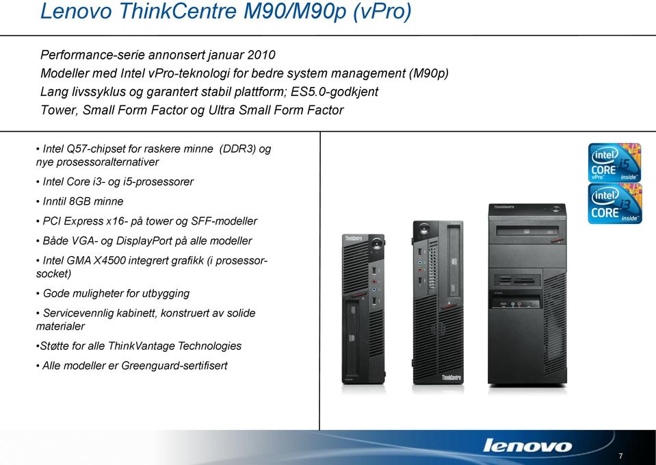 0-godkjent Tower, Small Form Factor og Ultra Small Form Factor Intel Q57-chipset for raskere minne (DDR3) og nye prosessoralternativer Intel Core i3- og i5-prosessorer