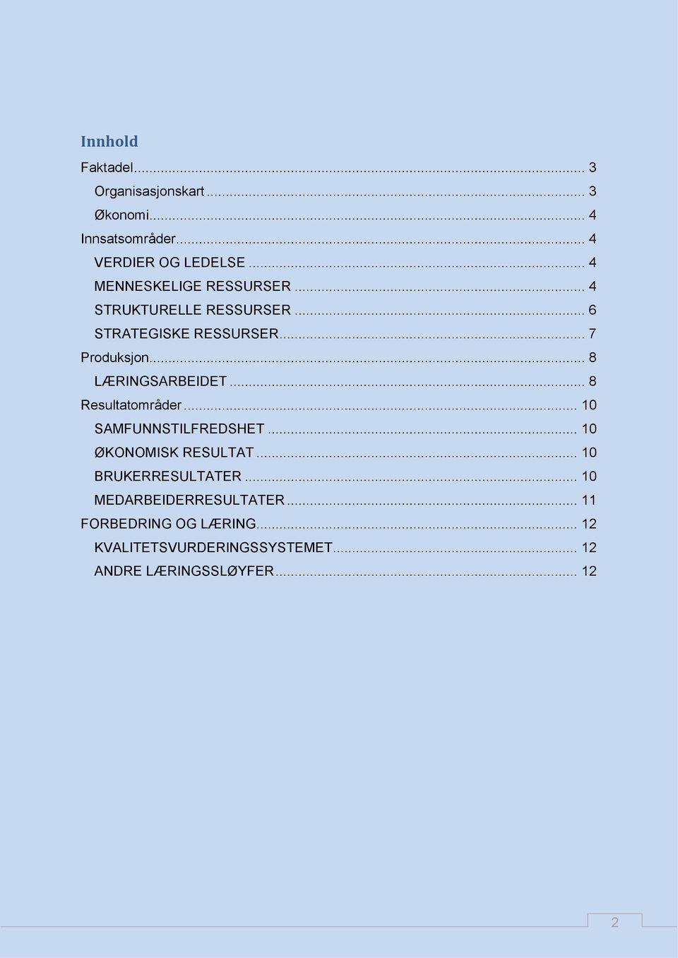 .. 8 LÆRINGSARBEIDET... 8 Resultatområder... 10 SAMFUNNSTILFREDSHET... 10 ØKONOMISK RESULTAT.