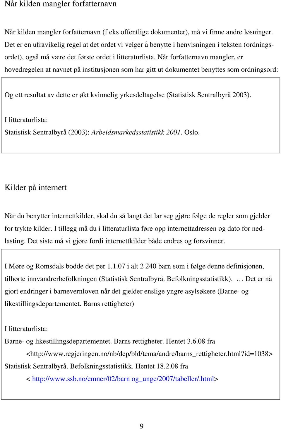 Når forfatternavn mangler, er hovedregelen at navnet på institusjonen som har gitt ut dokumentet benyttes som ordningsord: Og ett resultat av dette er økt kvinnelig yrkesdeltagelse (Statistisk