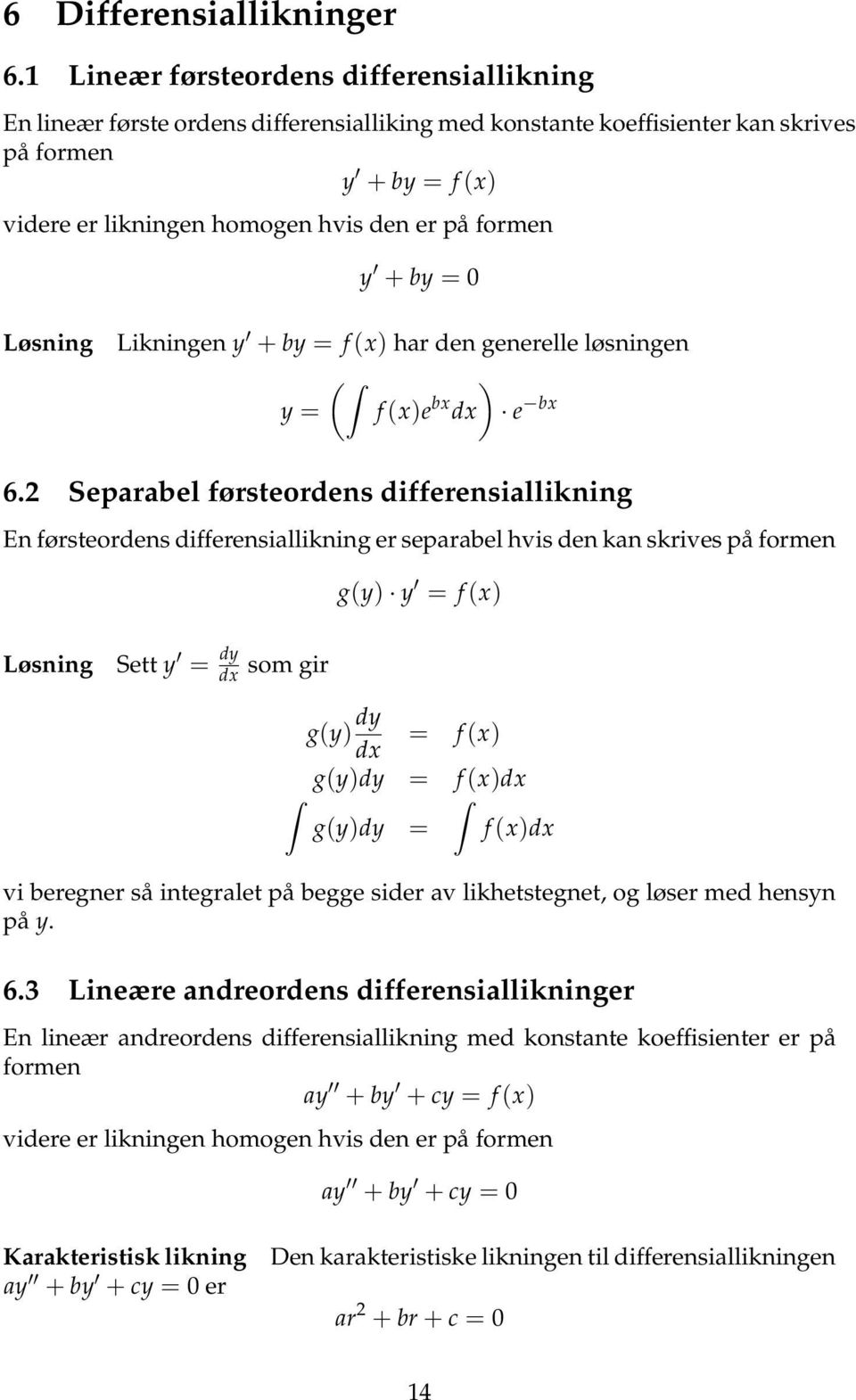 y + by = 0 Løsning Likningen y + by = f (x) har den generelle løsningen ( ) y = f (x)e bx dx e bx 6.