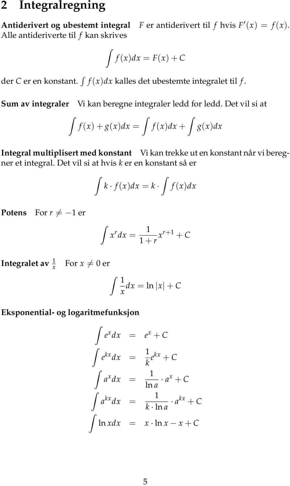 Det vil si at f (x) + g(x)dx = f (x)dx + g(x)dx Integral multiplisert med konstant Vi kan trekke ut en konstant når vi beregner et integral.