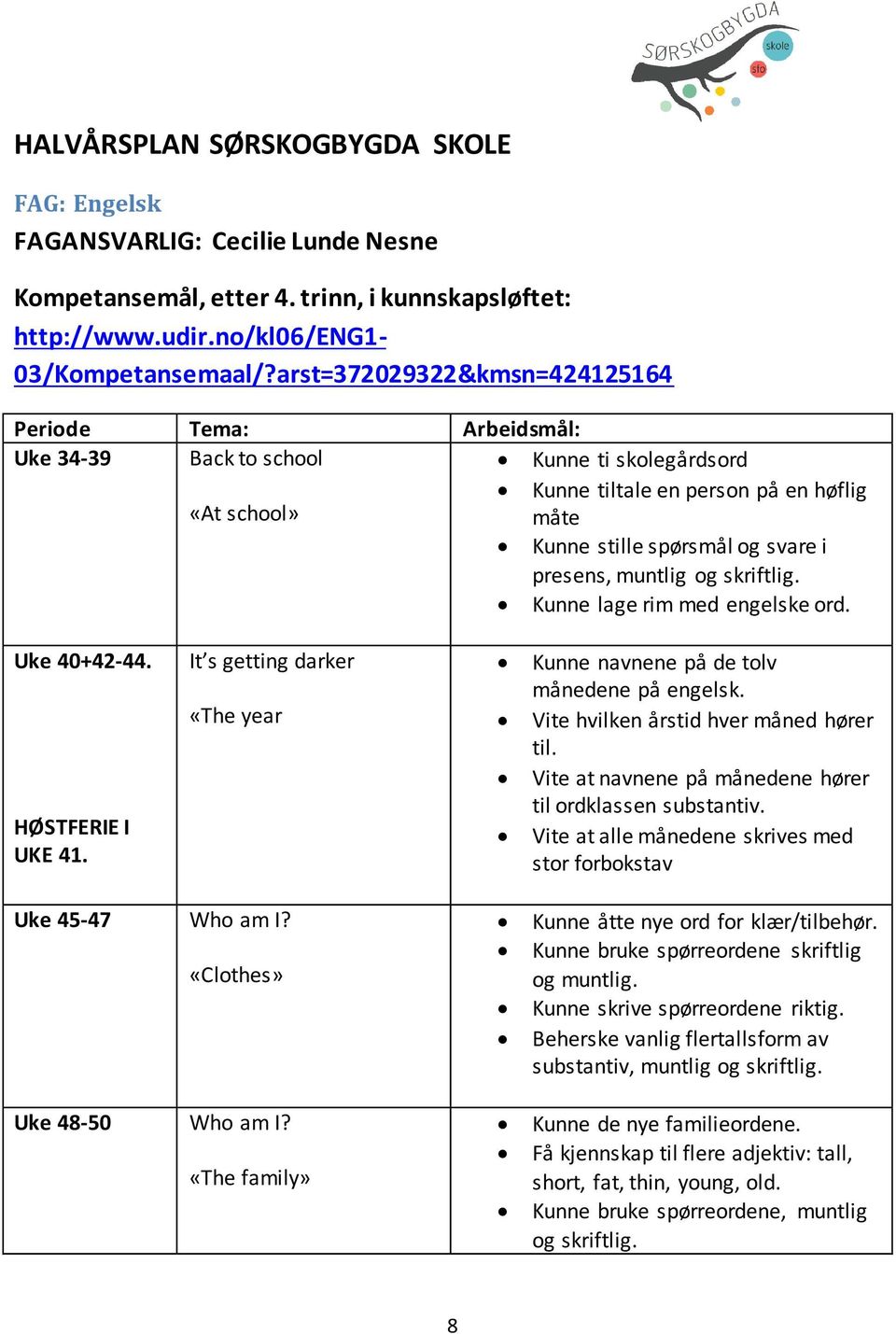 muntlig og skriftlig. Kunne lage rim med engelske ord. Uke 40+42-44. HØSTFERIE I UKE 41. It s getting darker «The year Kunne navnene på de tolv månedene på engelsk.