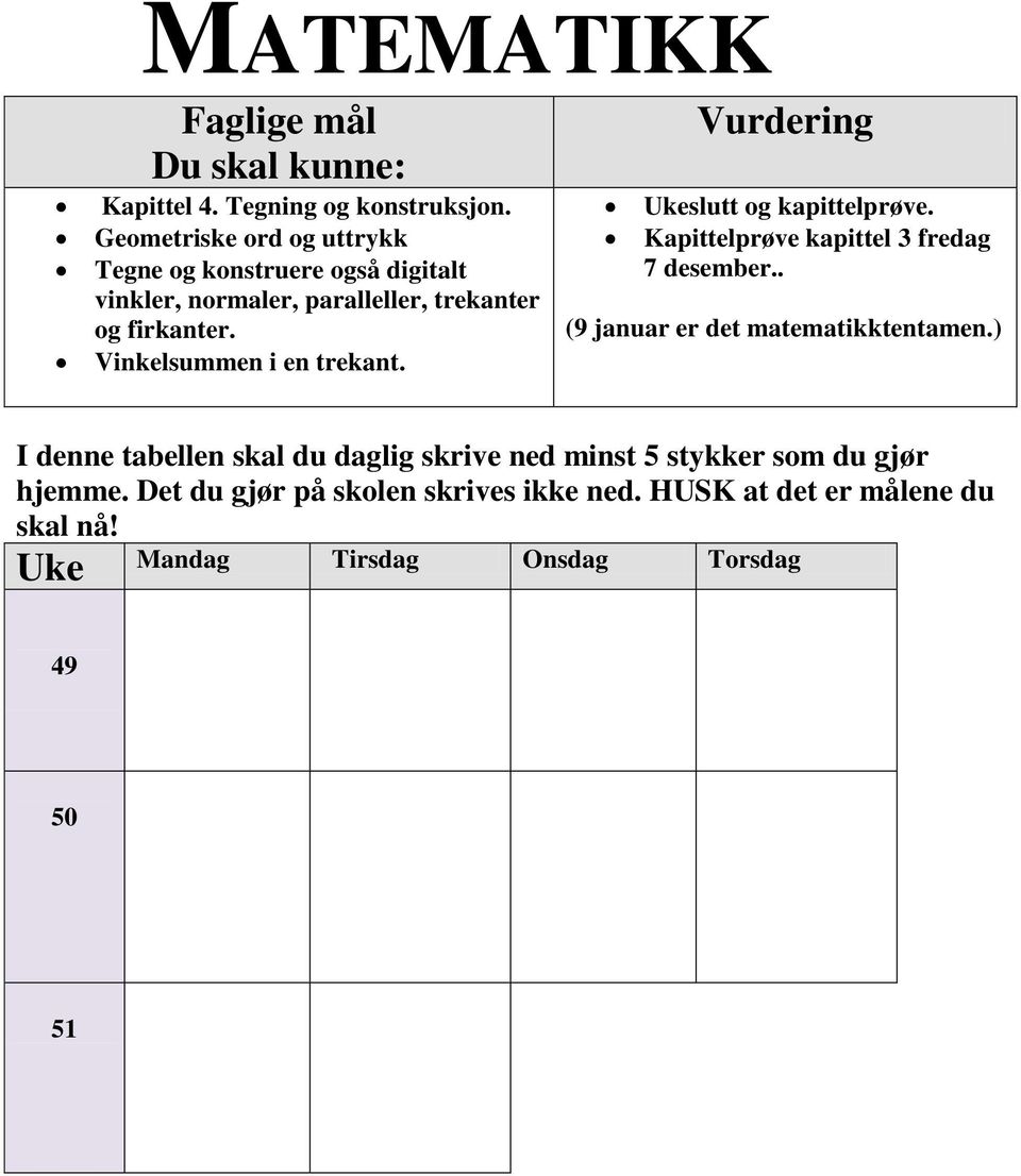 Vinkelsummen i en trekant. slutt og kapittelprøve. Kapittelprøve kapittel 3 fredag 7 desember.