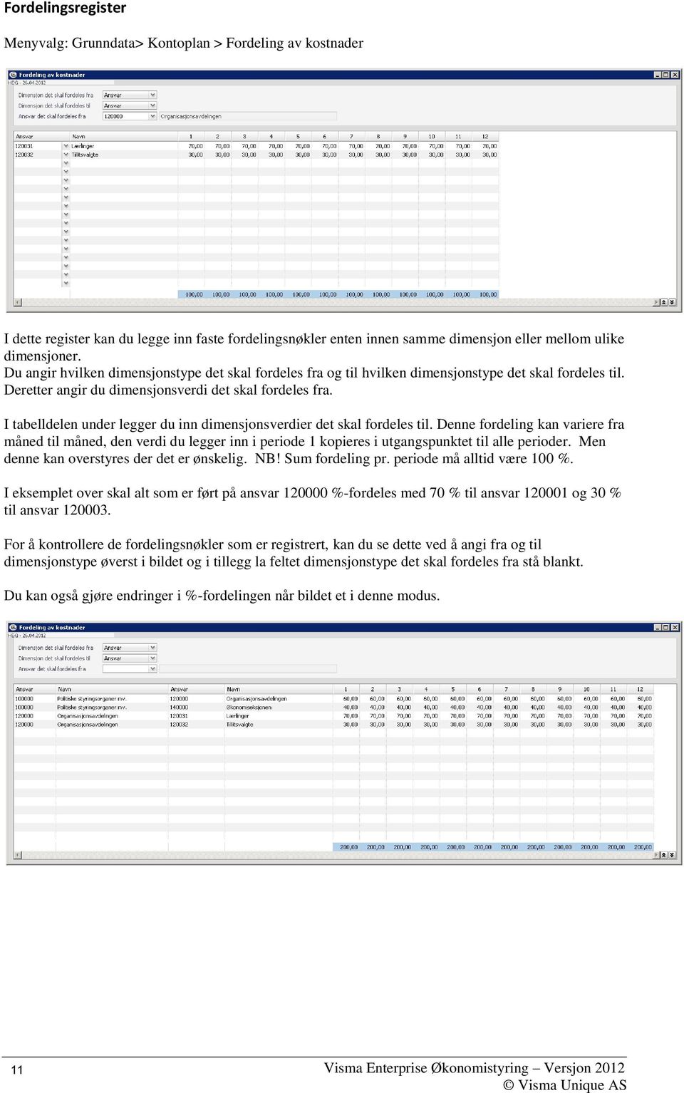 I tabelldelen under legger du inn dimensjonsverdier det skal fordeles til.