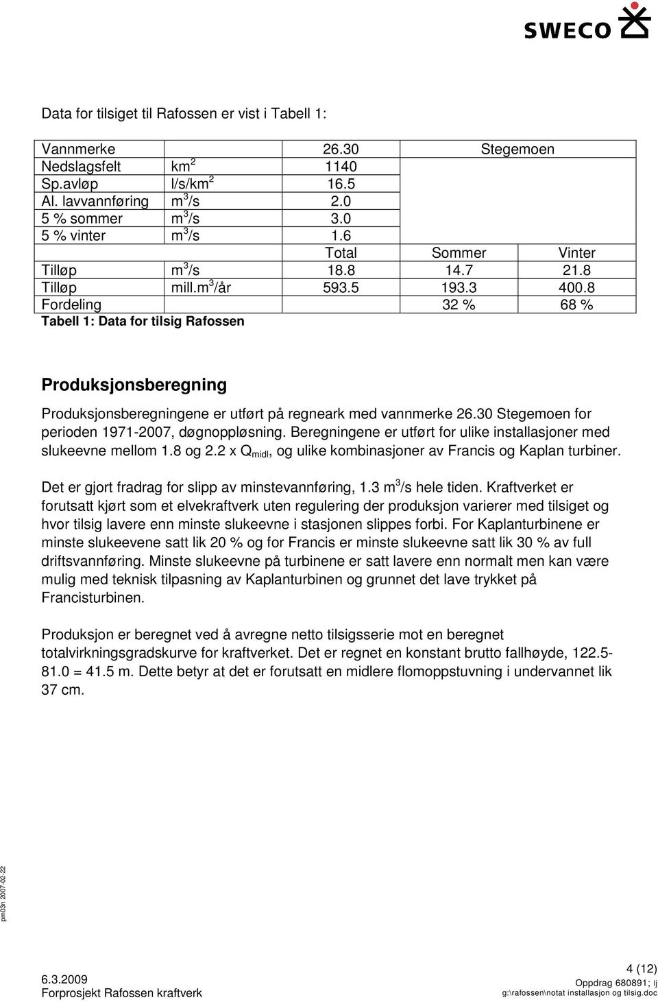 8 Fordeling 32 % 68 % Tabell 1: Data for tilsig Rafossen Produksjonsberegning Produksjonsberegningene er utført på regneark med vannmerke 26.30 Stegemoen for perioden 1971-2007, døgnoppløsning.