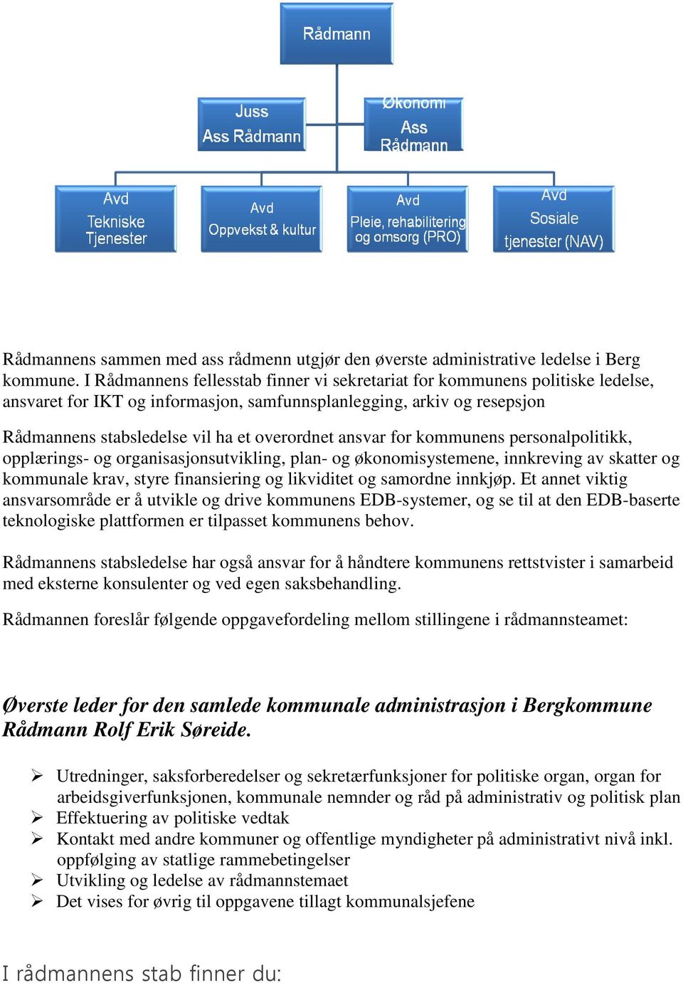 ansvar for kommunens personalpolitikk, opplærings- og organisasjonsutvikling, plan- og økonomisystemene, innkreving av skatter og kommunale krav, styre finansiering og likviditet og samordne innkjøp.