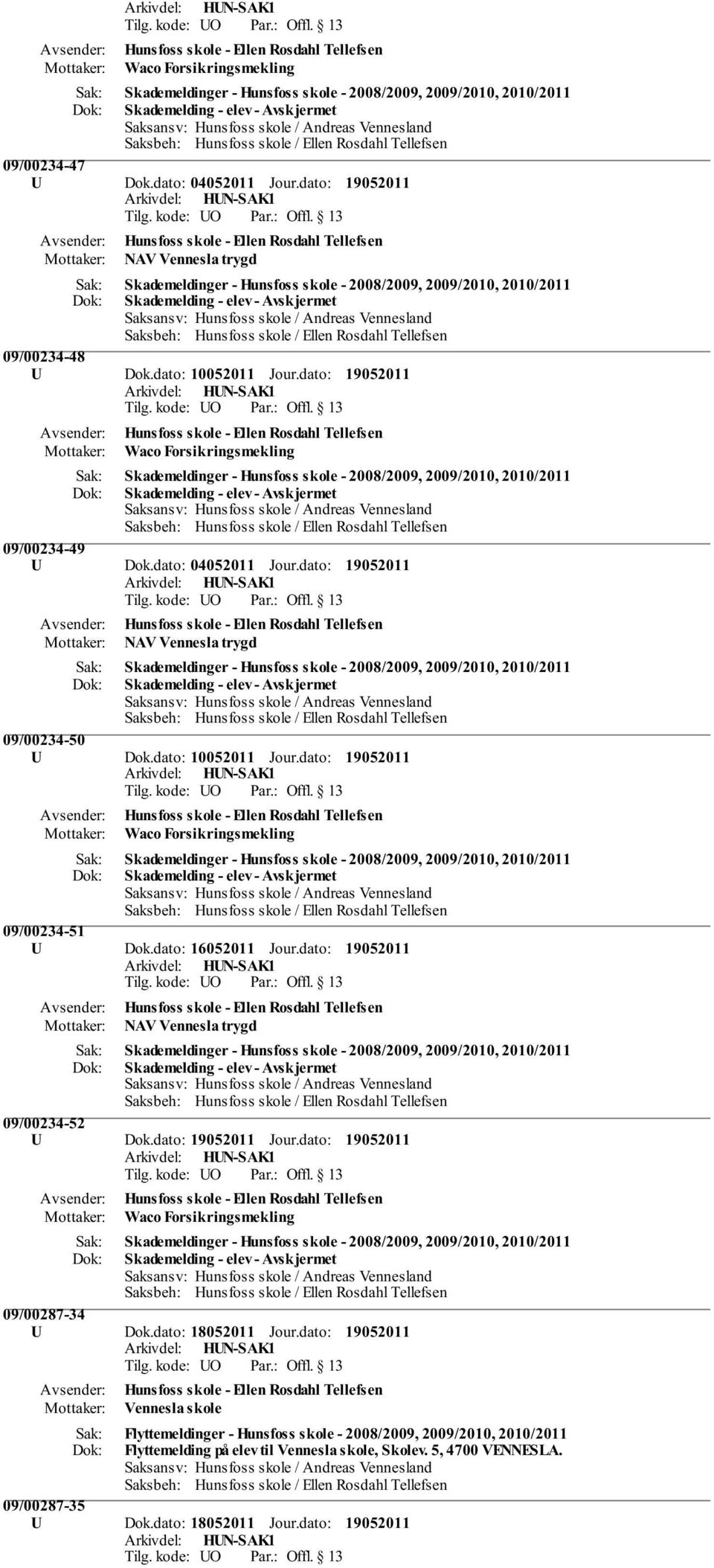 dato: Hunsfoss skole - Ellen Rosdahl Tellefsen NAV Vennesla trygd Skademeldinger - Hunsfoss skole - 2008/2009, 2009/2010, 2010/2011 Skademelding - elev - Avskjermet 09/00234-48 U Dok.