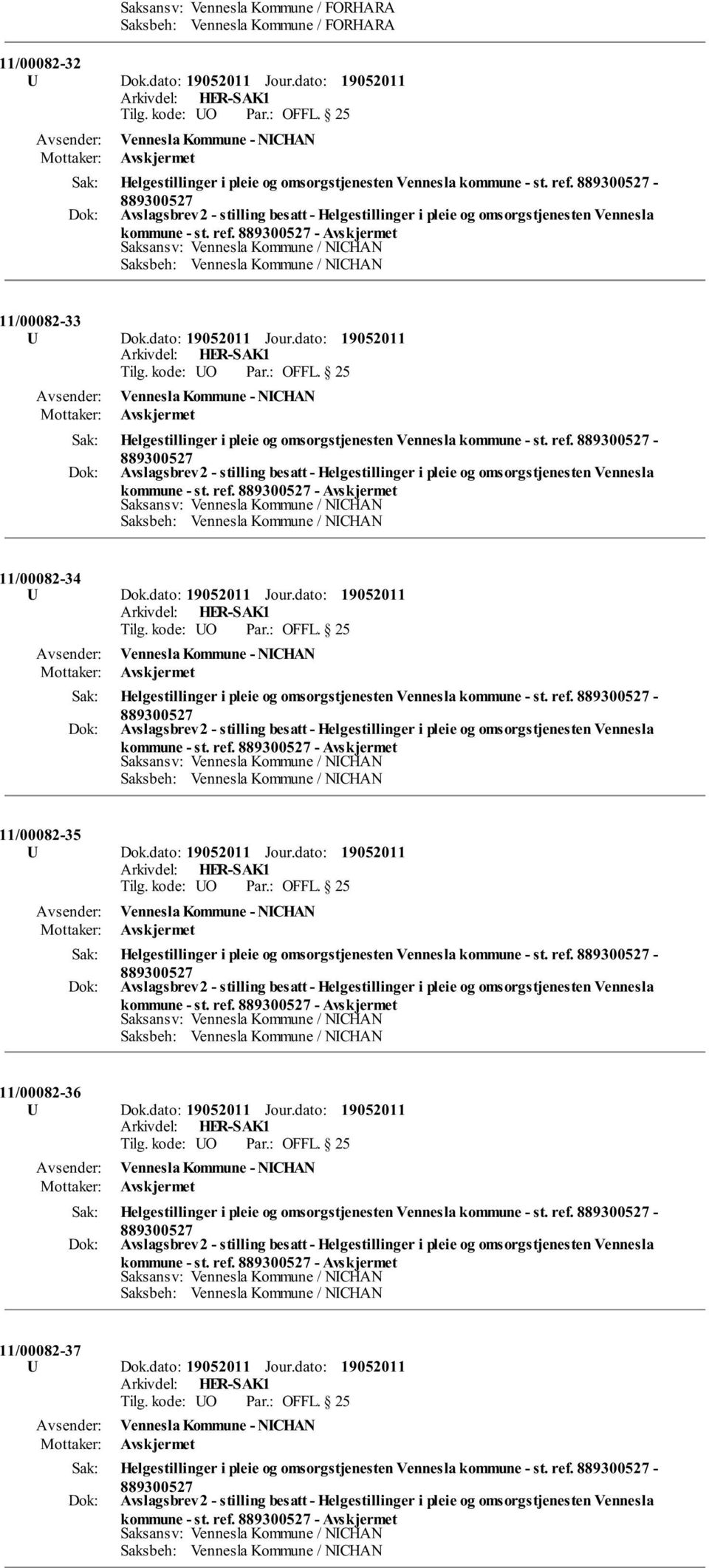 dato: Vennesla Kommune - NICHAN Avskjermet Helgestillinger i pleie og omsorgstjenesten Vennesla kommune - st. ref. - 11/00082-34 U Dok.dato: Jour.