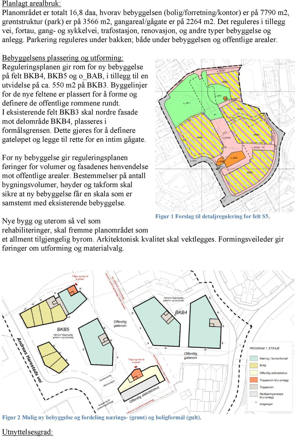 Bebyggelsens plassering og utforming: Reguleringsplanen gir rom for ny bebyggelse på felt BKB4, BKB5 og o_bab, i tillegg til en utvidelse på ca. 550 m2 på BKB3.