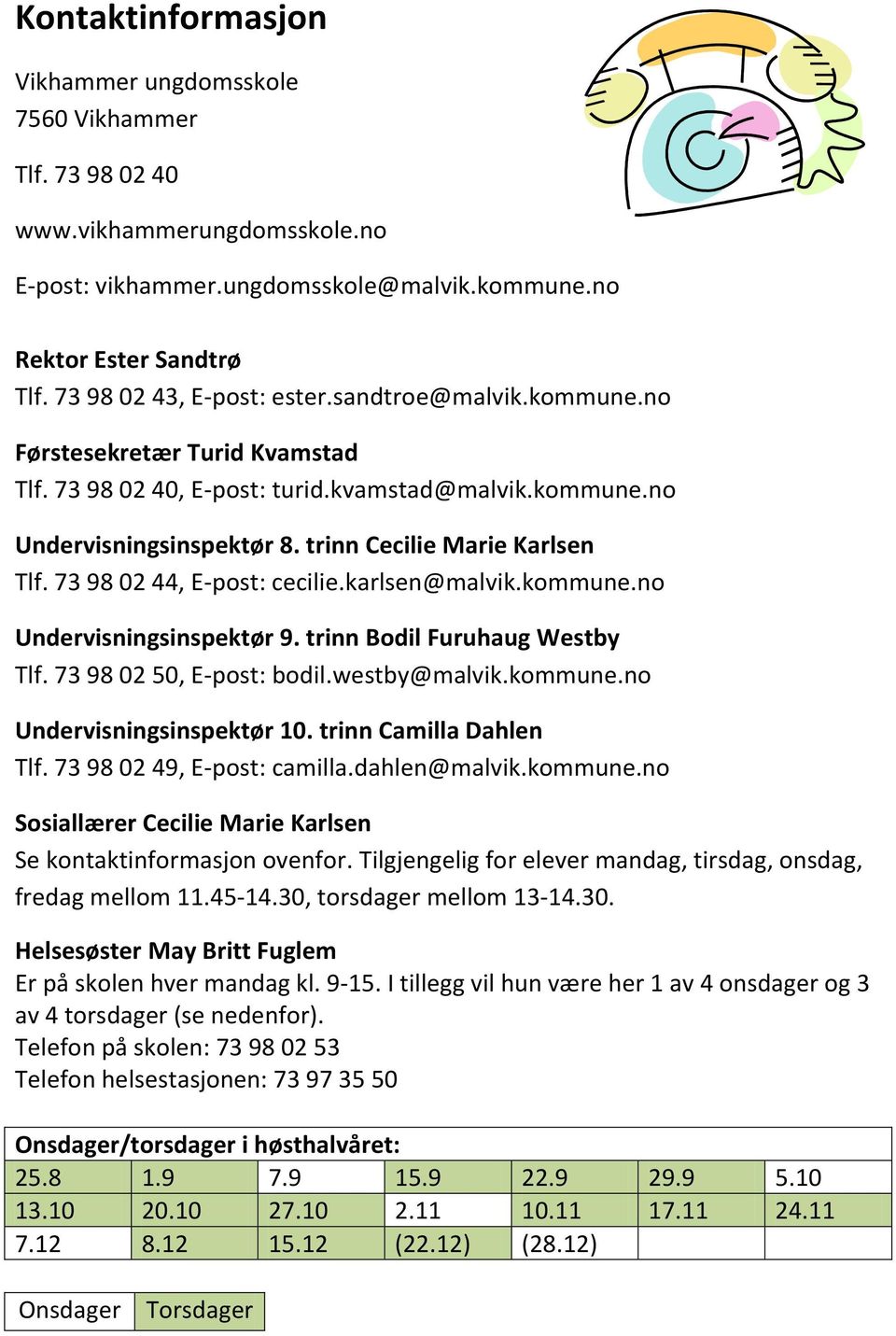 trinn Cecilie Marie Karlsen Tlf. 73 98 02 44, E-post: cecilie.karlsen@malvik.kommune.no Undervisningsinspektør 9. trinn Bodil Furuhaug Westby Tlf. 73 98 02 50, E-post: bodil.westby@malvik.kommune.no Undervisningsinspektør 10.