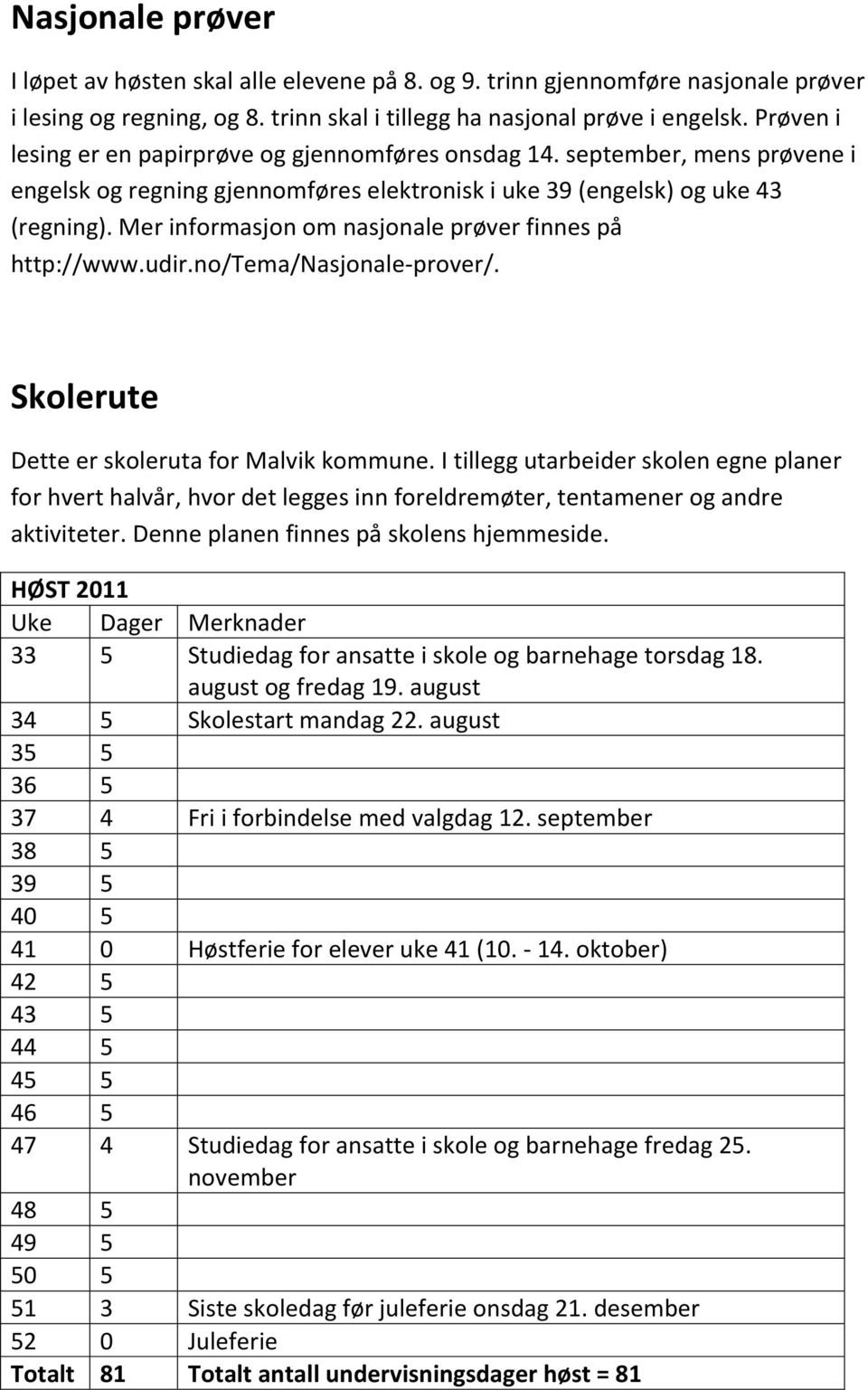 Mer informasjon om nasjonale prøver finnes på http://www.udir.no/tema/nasjonale-prover/. Skolerute Dette er skoleruta for Malvik kommune.
