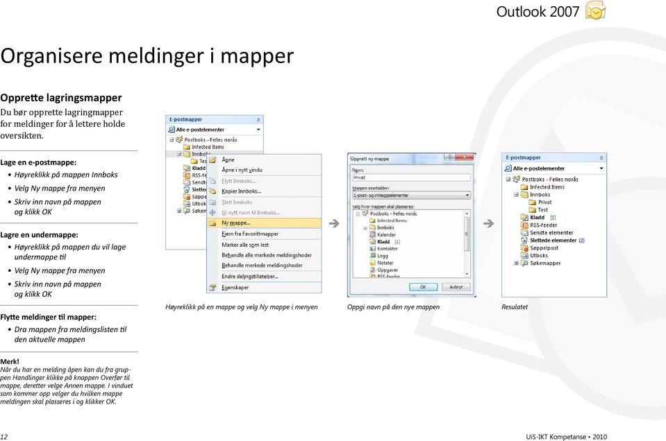 fra menyen Skriv inn navn på mappen og klikk OK Flytte meldinger til mapper: Dra mappen fra meldingslisten til den aktuelle mappen Høyreklikk på en mappe og velg Ny mappe i menyen Oppgi navn på den