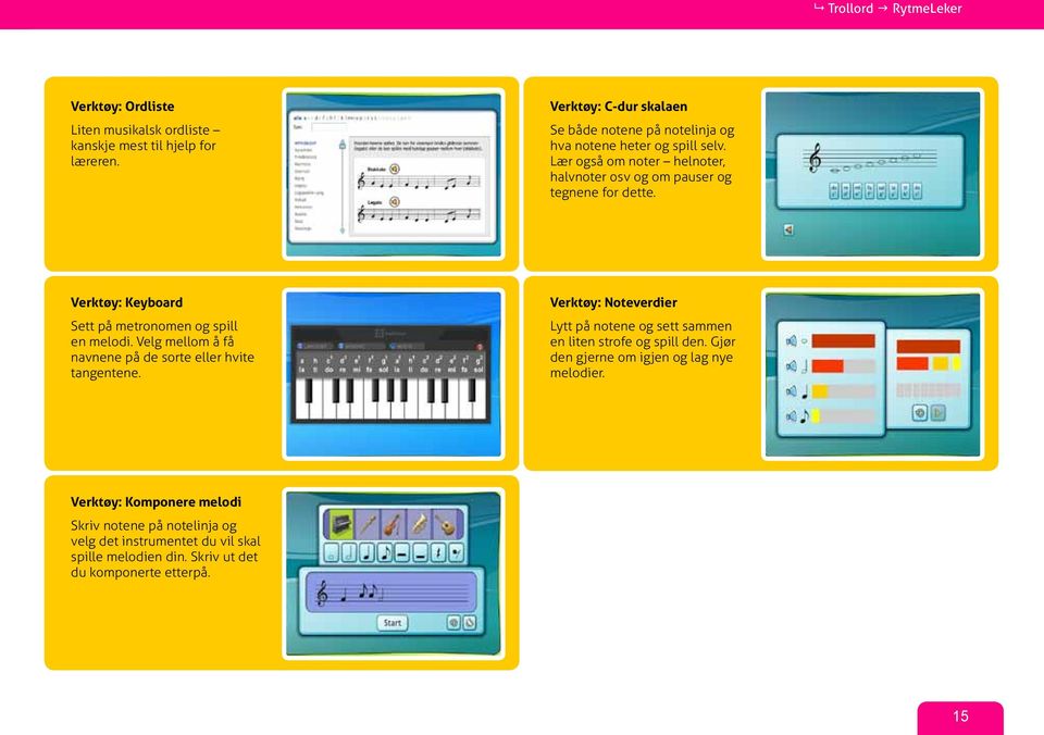 Verktøy: Keyboard Sett på metronomen og spill en melodi. Velg mellom å få navnene på de sorte eller hvite tangentene.