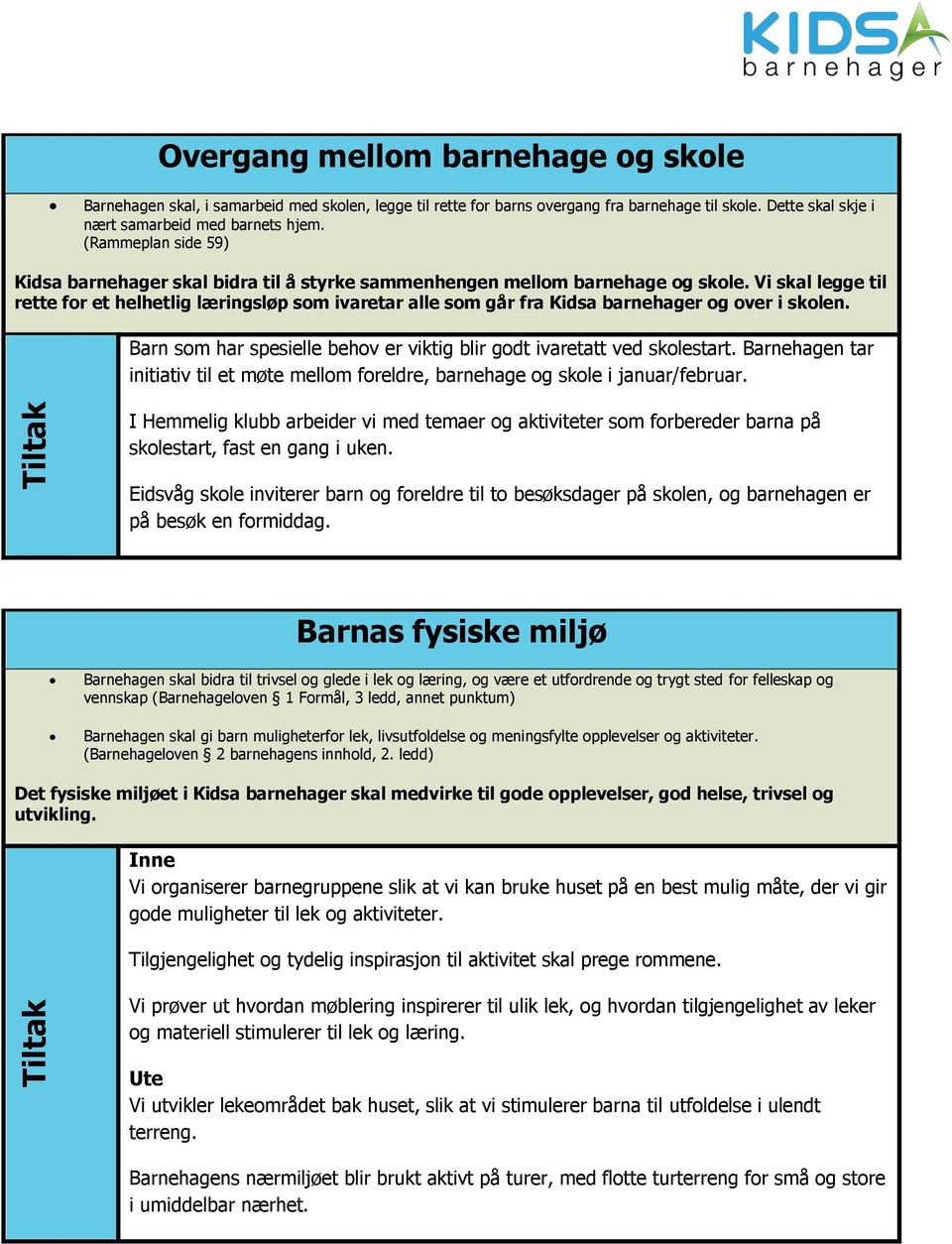 Vi skal legge til rette for et helhetlig læringsløp som ivaretar alle som går fra Kidsa barnehager og over i skolen. Barn som har spesielle behov er viktig blir godt ivaretatt ved skolestart.