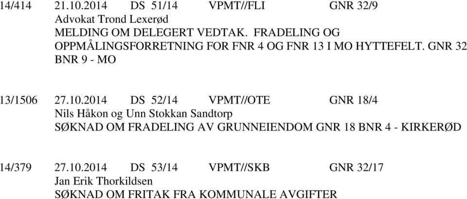 2014 DS 52/14 VPMT//OTE GNR 18/4 Nils Håkon og Unn Stokkan Sandtorp SØKNAD OM FRADELING AV GRUNNEIENDOM GNR