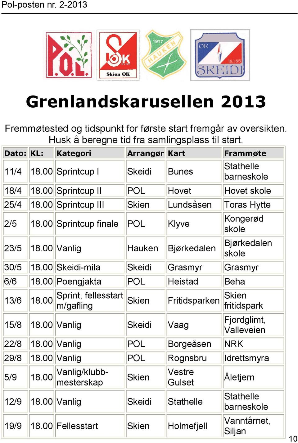 00 Vanlig Hauken Bjørkedalen Kongerød skole Bjørkedalen skole 30/5 18.00 Skeidi-mila Skeidi Grasmyr Grasmyr 6/6 18.00 Poengjakta POL Heistad Beha 13/6 18.