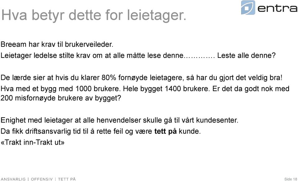 Hva med et bygg med 1000 brukere. Hele bygget 1400 brukere. Er det da godt nok med 200 misfornøyde brukere av bygget?