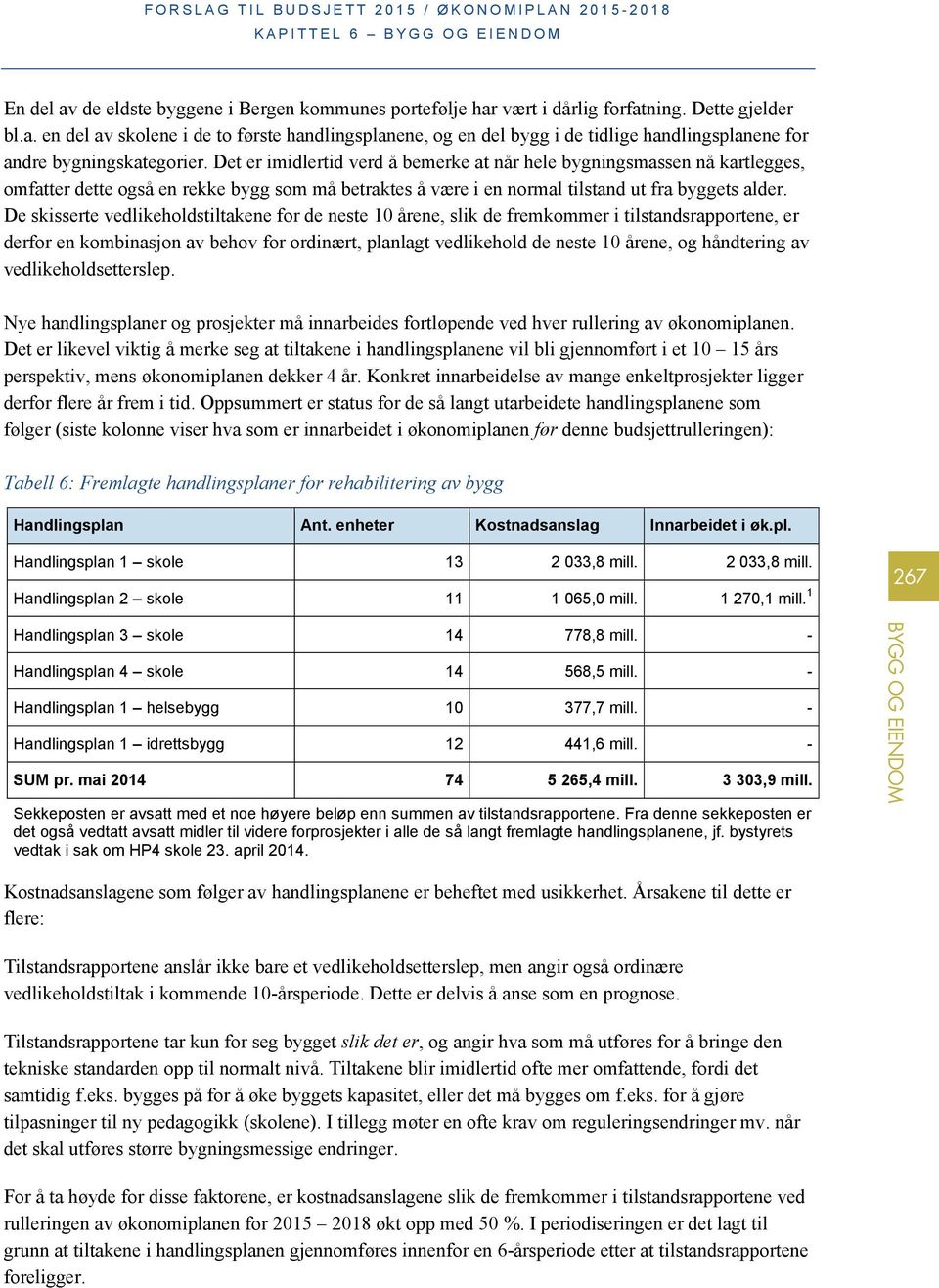 De skisserte vedlikeholdstiltakene for de neste 10 årene, slik de fremkommer i tilstandsrapportene, er derfor en kombinasjon av behov for ordinært, planlagt vedlikehold de neste 10 årene, og