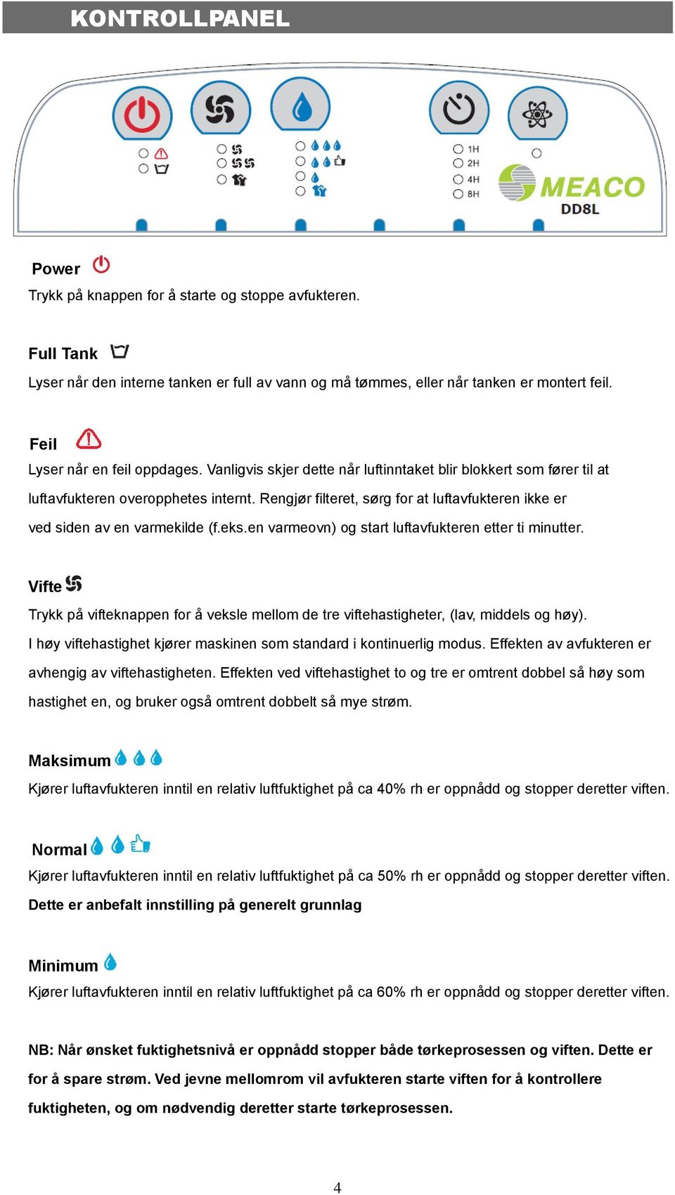 Rengjør filteret, sørg for at luftavfukteren ikke er ved siden av en varmekilde (f.eks.en varmeovn) og start luftavfukteren etter ti minutter.