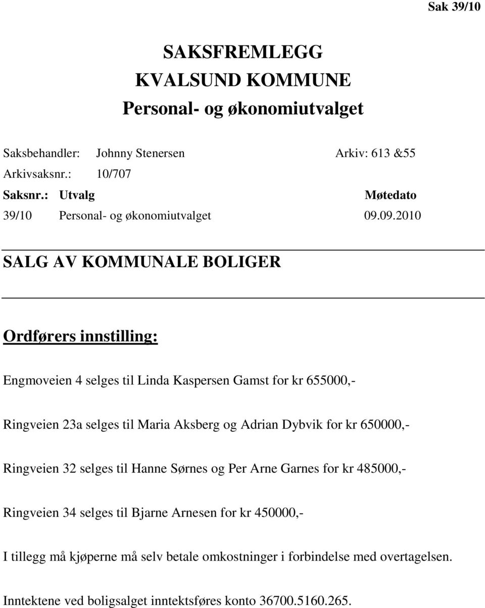 09.2010 SALG AV KOMMUNALE BOLIGER Ordførers innstilling: Engmoveien 4 selges til Linda Kaspersen Gamst for kr 655000,- Ringveien 23a selges til Maria Aksberg og