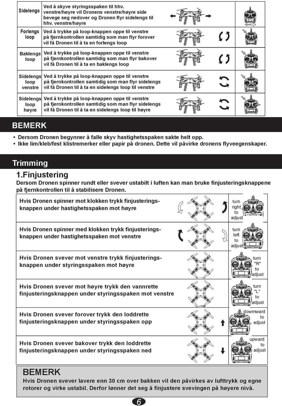 venstre/høyre Ved å trykke på -knappen oppe til venstre på fjernkontrollen samtidig som man flyr forover vil få Dronen til å ta en forlengs Ved å trykke på -knappen oppe til venstre på