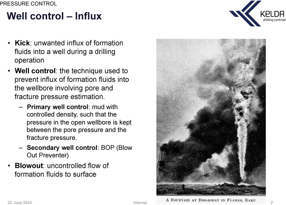 Primary well control: mud with controlled density, such that the pressure in the open wellbore is kept between the pore pressure and