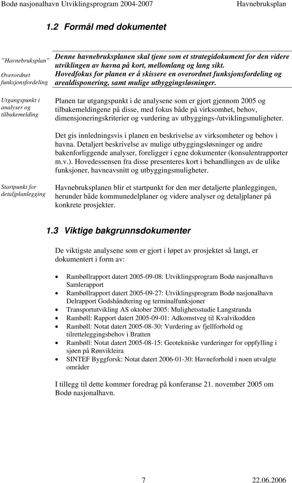 Planen tar utgangspunkt i de analysene som er gjort gjennom 2005 og tilbakemeldingene på disse, med fokus både på virksomhet, behov, dimensjoneringskriterier og vurdering av