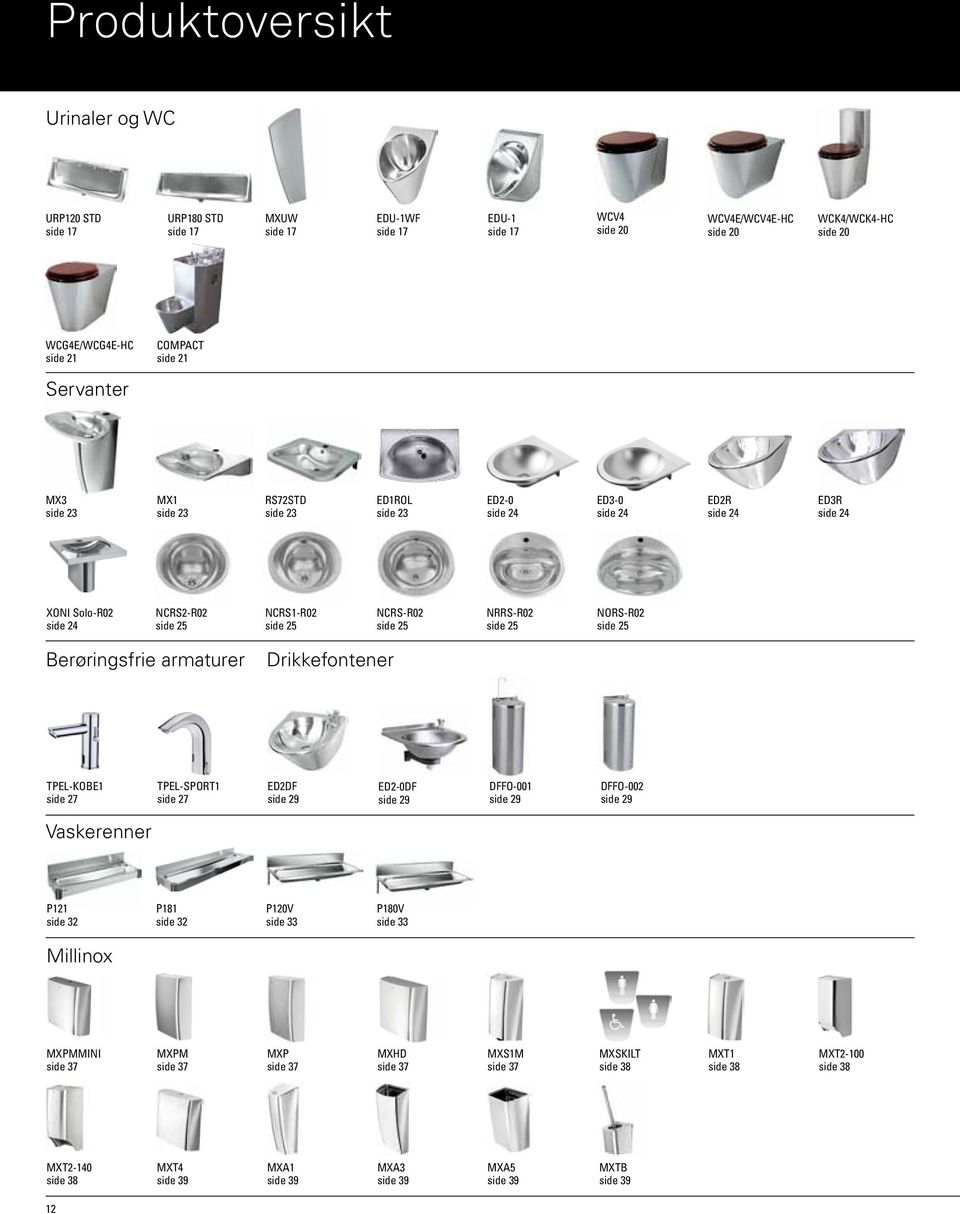 25 NRRS-R02 side 25 NORS-R02 side 25 Berøringsfrie armaturer Drikkefontener TPEL-KOBE1 side 27 TPEL-SPORT1 side 27 ED2DF side 29 ED2-0DF side 29 DFFO-001 side 29 DFFO-002 side 29 Vaskerenner P121