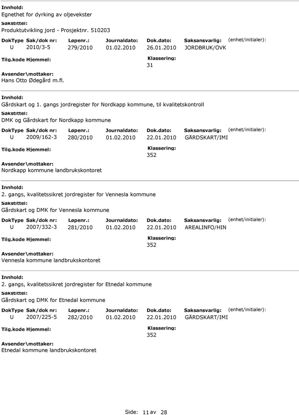 gangs, kvalitetssikret jordregister for Vennesla kommune Gårdskart og DMK for Vennesla kommune 2007/332-3 281/2010 22.01.2010 RELNFO/HN 352 Vennesla kommune landbrukskontoret 2.