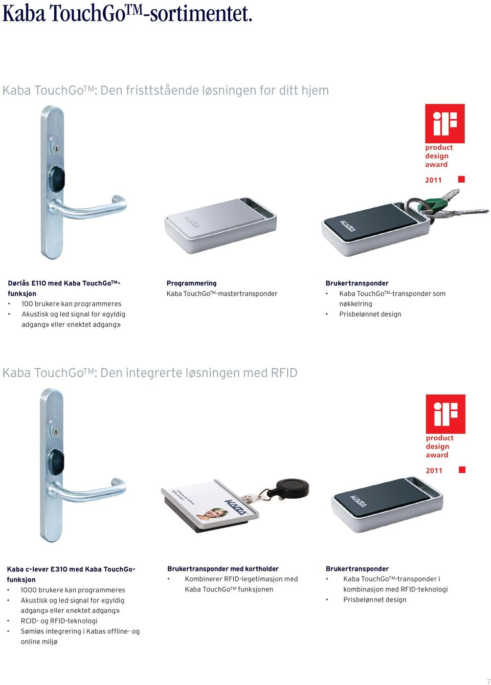 Programmering Kaba TouchGo TM -mastertransponder Brukertransponder Kaba TouchGo TM -transponder som nøkkelring Prisbelønnet design Kaba TouchGo TM : Den integrerte løsningen med RFID Kaba c-lever