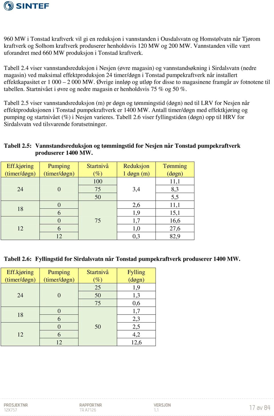 4 viser vannstandsreduksjon i Nesjen (øvre magasin) og vannstandsøkning i Sirdalsvatn (nedre magasin) ved maksimal effektproduksjon 24 timer/døgn i Tonstad pumpekraftverk når installert