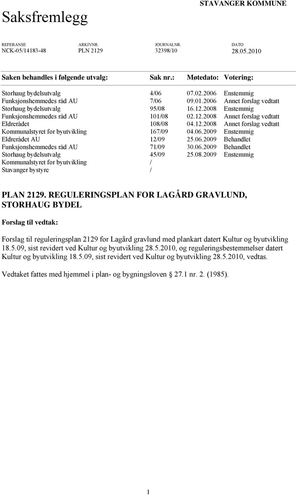 2008 Enstemmig Funksjonshemmedes råd AU 101/08 02.12.2008 Annet forslag vedtatt Eldrerådet 108/08 04.12.2008 Annet forslag vedtatt Kommunalstyret for byutvikling 167/09 04.06.