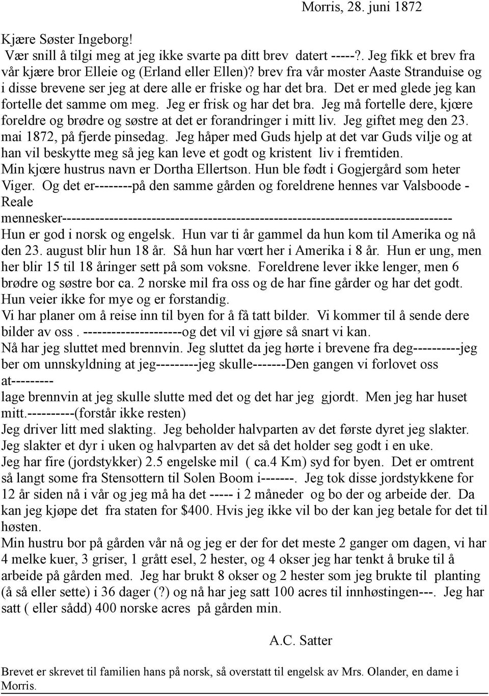 Jeg må fortelle dere, kjœre foreldre og brødre og søstre at det er forandringer i mitt liv. Jeg giftet meg den 23. mai 1872, på fjerde pinsedag.