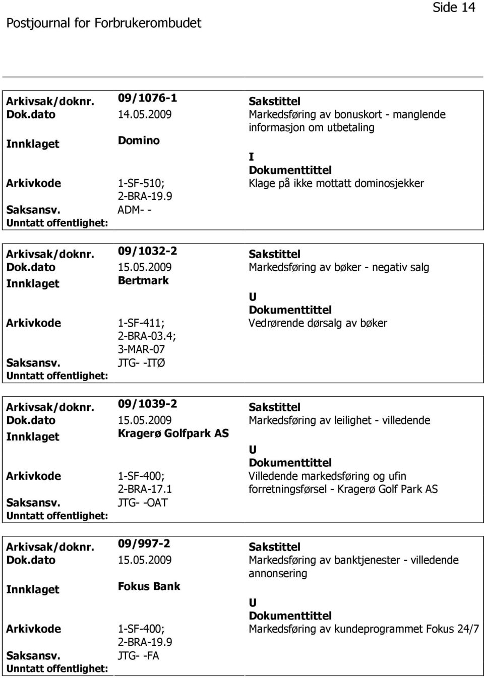 4; 3-MAR-07 Vedrørende dørsalg av bøker JTG- -TØ Arkivsak/doknr. 09/1039-2 Sakstittel Dok.dato 15.05.2009 Markedsføring av leilighet - villedende nnklaget Kragerø Golfpark AS 1-SF-400; 2-BRA-17.