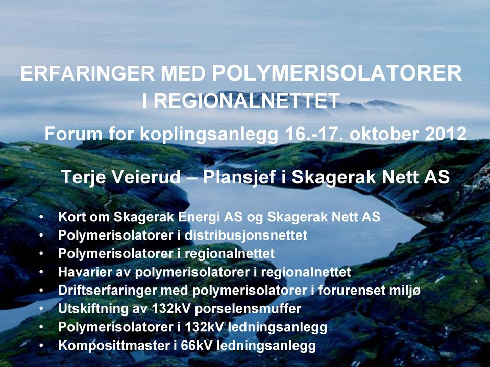 Polymerisolatorer i distribusjonsnettet Polymerisolatorer i regionalnettet Havarier av polymerisolatorer i